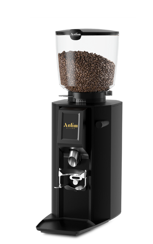 Eine schwarze elektrische Kaffeemühle mit durchsichtigem Bohnenbehälter und silbernen Akzenten